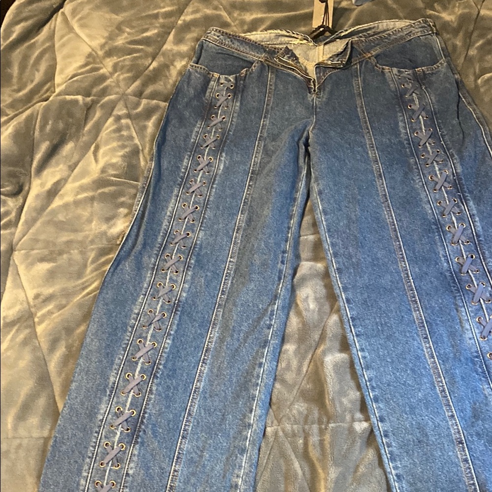 Lioness Blue Flare Wide Leg Jeans with Embellishments